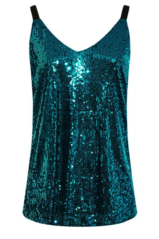 YOURS LONDON Plus Size Teal Blue Sequin Embellished Cami Top | Yours Clothing 8