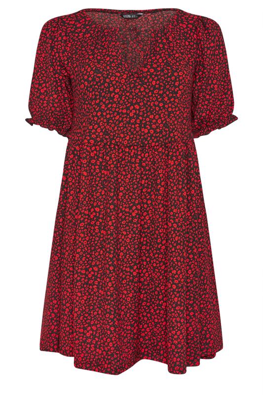 YOURS Plus Size Red Ditsy Floral Print Textured Smock Dress | Yours Clothing 5