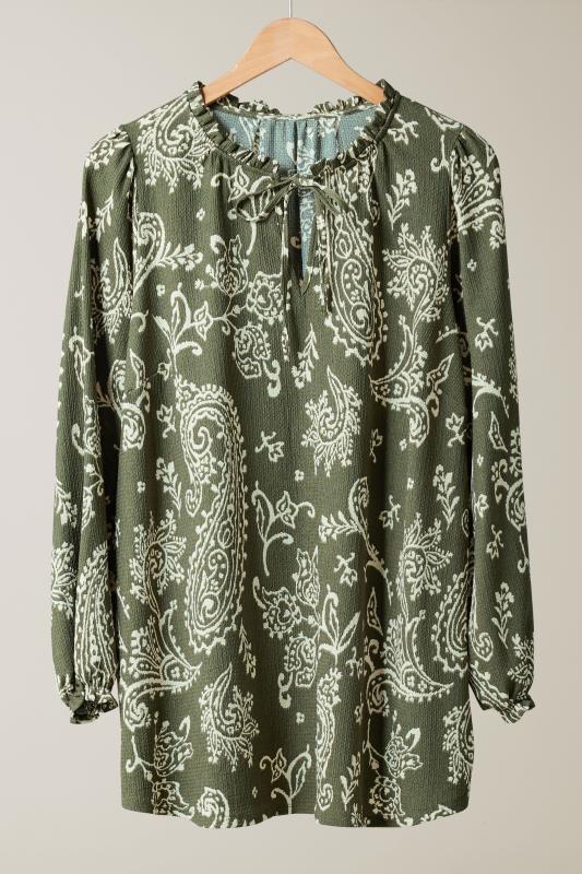 EVANS Plus Size Khaki Green Paisley Print Crepe Tie Neck Blouse | Evans 2