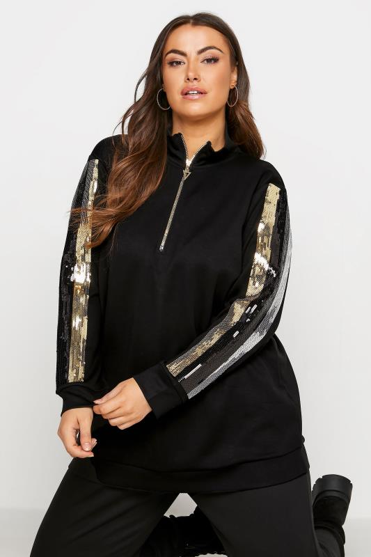 Plus Size Black Sequin Stripe Half Zip Sweatshirt | Yours Clothing 1