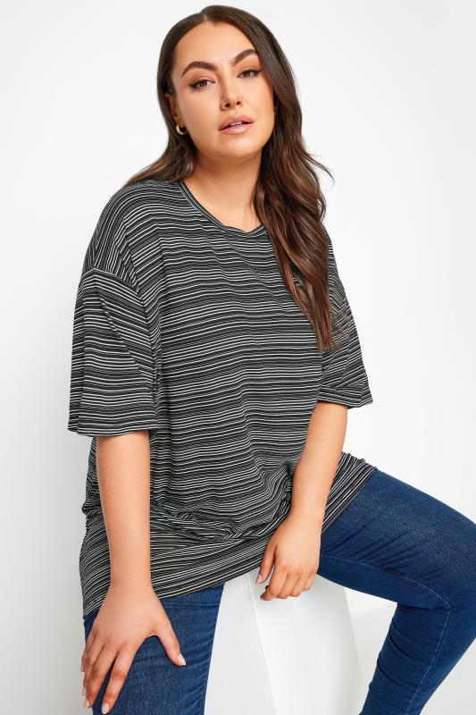 YOURS Plus Size Blue Striped Oversized Boxy T-Shirt | Yours Clothing 1