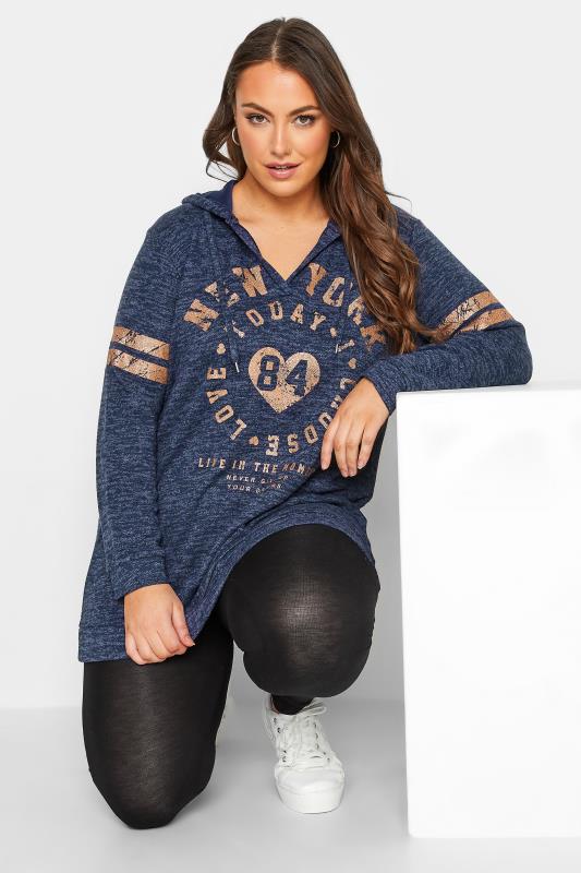 Plus Size  YOURS Curve Navy Blue & Copper V-Neck 'New York 84' Print Hoodie