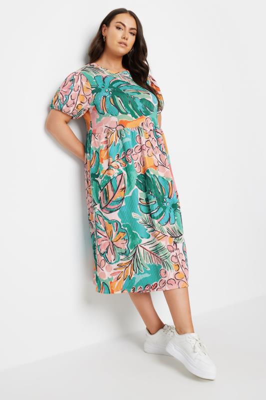 YOURS Plus Size Blue Leaf Print Crinkle Smock Dress | Yours Clothing 1