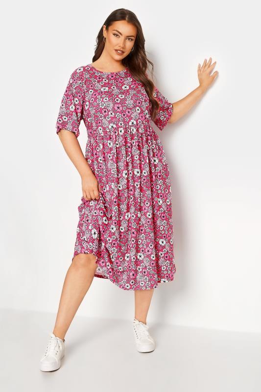 LIMITED COLLECTION Plus Size Pink Retro Floral Smock Dress | Yours Clothing 1