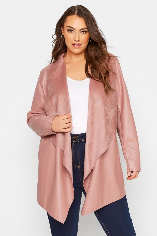  dla puszystych YOURS Curve Pink Waterfall Faux Leather Jacket