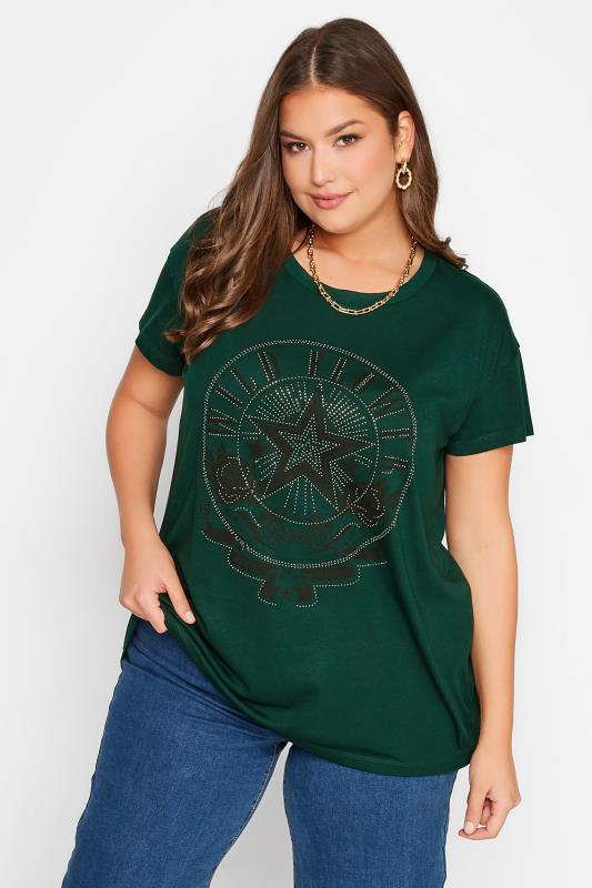 Plus Size  Curve Green Diamante 'Wildflower' Printed T-Shirt
