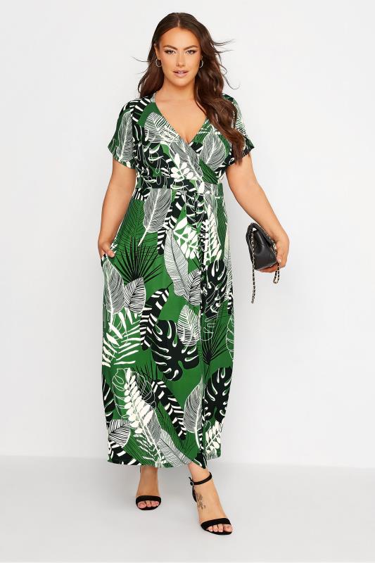  Grande Taille Curve Green Tropical Print Wrap Dress