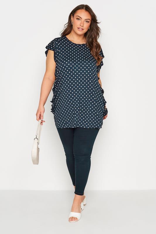 Plus Size Navy Blue Polka Dot Frill Top | Yours Clothing 2