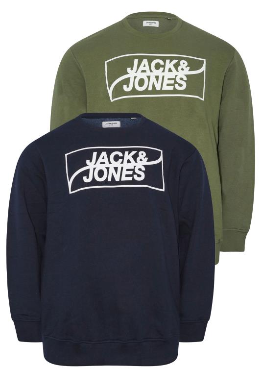 JACK & JONES 2 PACK Navy Blue & Khaki Green Logo Sweatshirts | BadRhino 4