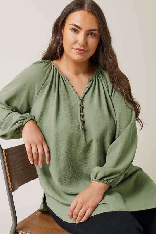 EVANS Plus Size Khaki Green Button Front Long Sleeve Blouse | Evans 1