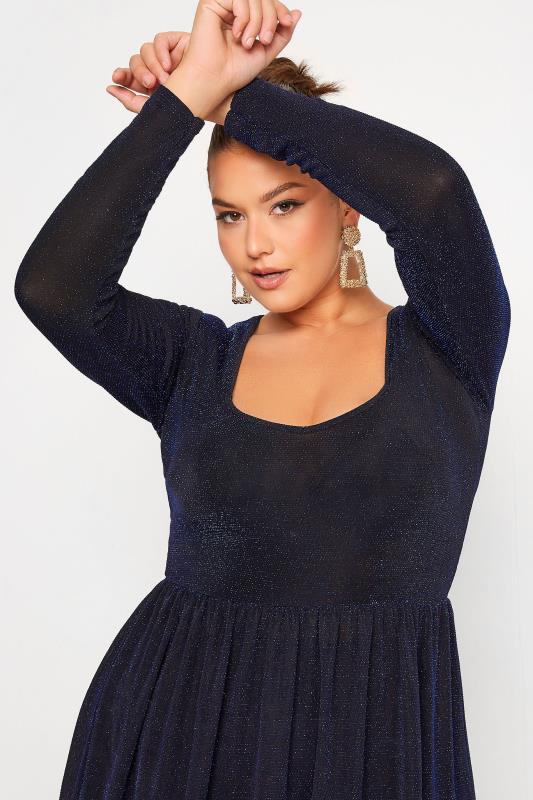 LIMITED COLLECTION Plus Size Black & Blue Glitter Sweetheart Neck Dress | Yours Clothing 4