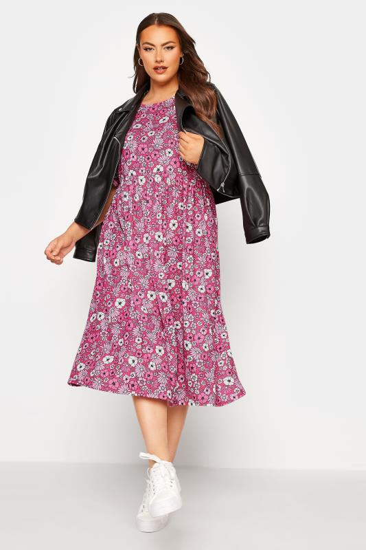 LIMITED COLLECTION Plus Size Pink Retro Floral Smock Dress | Yours Clothing 3