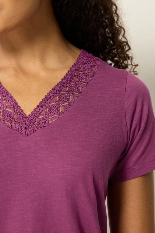 M&Co Berry Purple Lace Trim V-Neck Cotton T-Shirt | M&Co 4