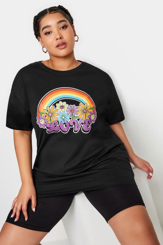 Plus Size  YOURS Curve Black Rainbow Print 'Love' Slogan Oversized T-Shirt