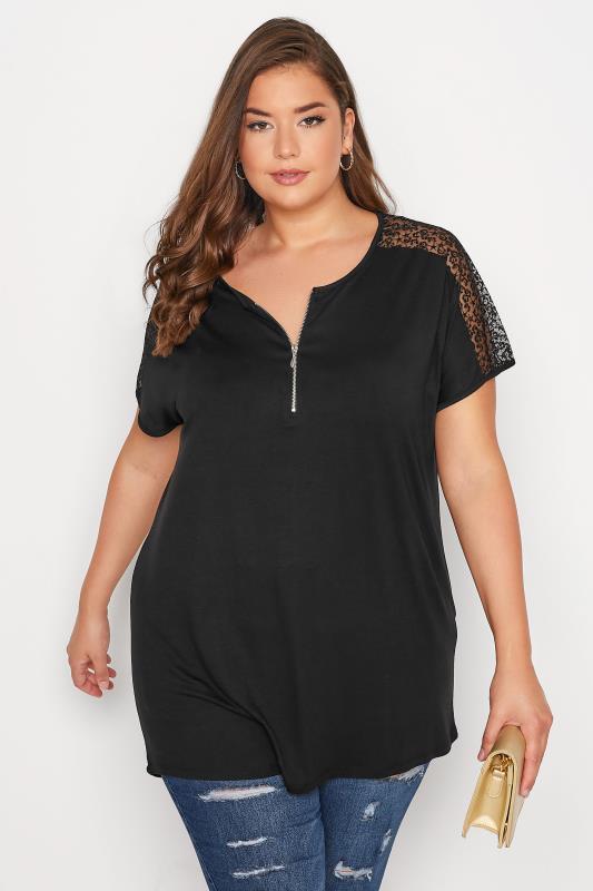 YOURS Plus Size Black Lace Sleeve Zip T-Shirt | Yours Clothing 1
