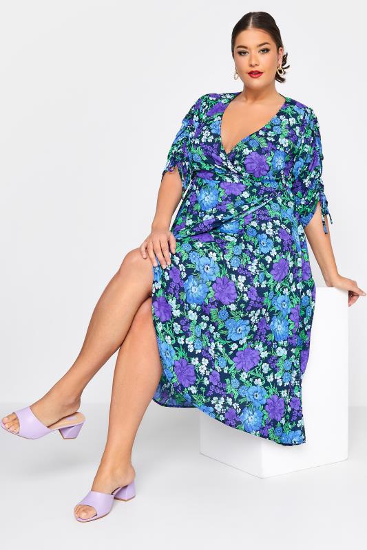 LIMITED COLLECTION Curve Blue Floral Ruched Sleeve Wrap Dress 4
