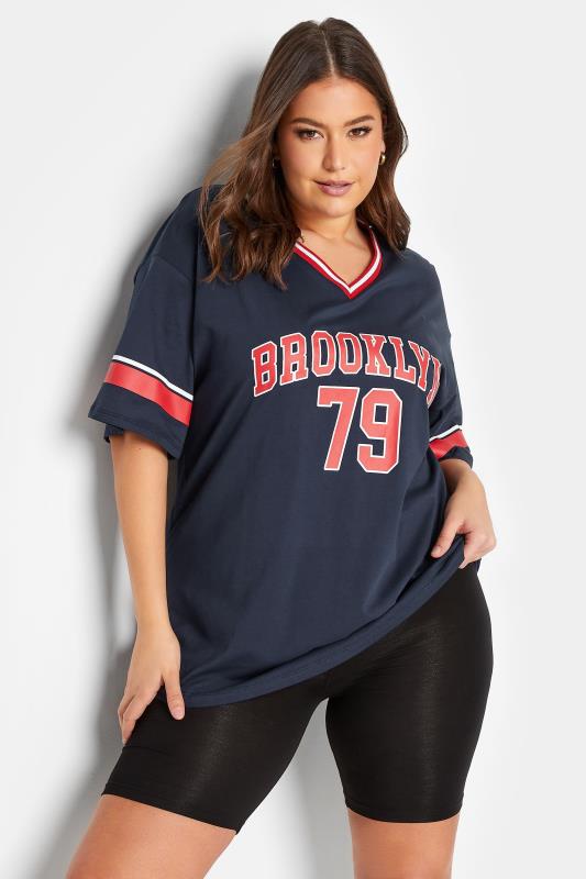 Plus Size  YOURS Curve Navy Blue 'Brooklyn 79' Varsity T-Shirt
