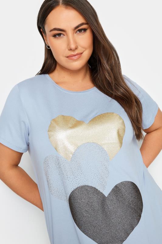 YOURS Plus Size Light Blue Glitter Heart Print T-Shirt | Yours Clothing  4