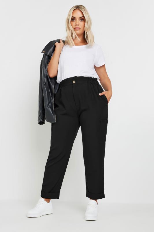 YOURS Plus Size Black Paperbag Waist Cargo Trousers | Yours Clothing  2