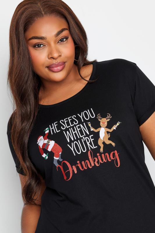 YOURS Curve Plus Size Black 'He See's You When You're Drinking' Christmas T-Shirt | Yours Clothing  4