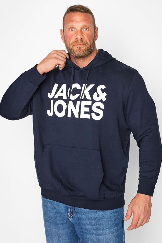 JACK & JONES Big & Tall Navy Blue Printed Logo Hoodie | BadRhino 1