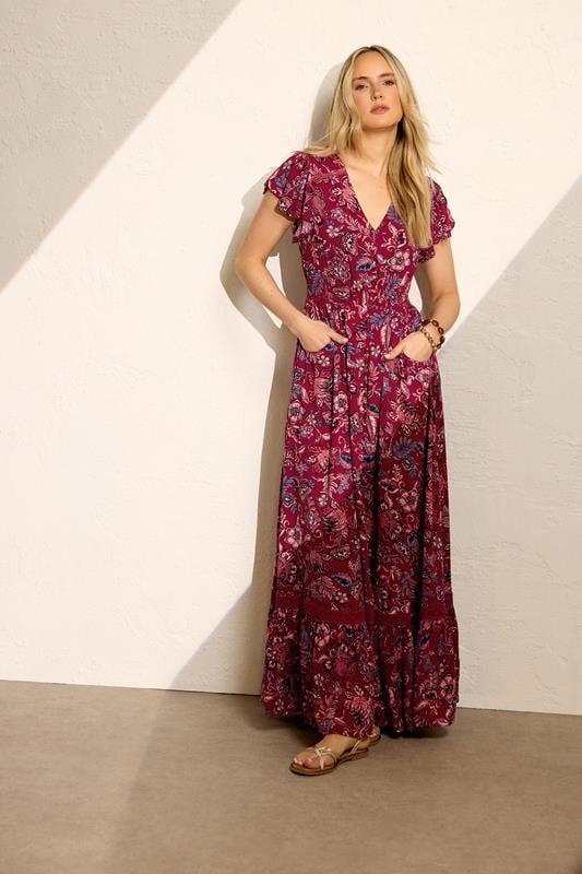  LTS Tall vestido largo con botones y estampado floral en rojo