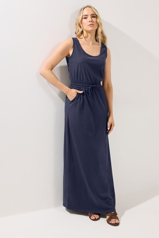 LTS Tall Women's Dark Blue Tie Waist Cotton Maxi Dress | Long Tall Sally 1