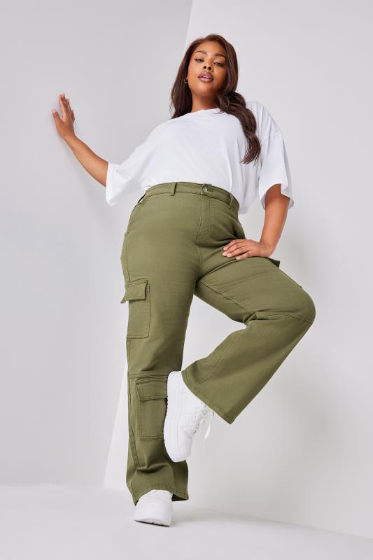 YOURS Curve Plus Size Khaki Green Wide Leg Pocket Cargo Trousers