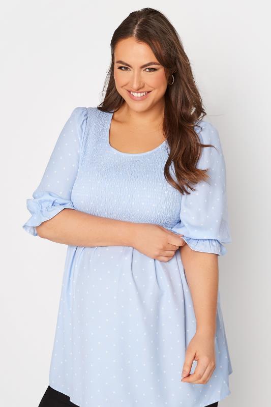 BUMP IT UP MATERNITY Plus Size Light Blue Polka Dot Shirred Top | Yours Clothing 7