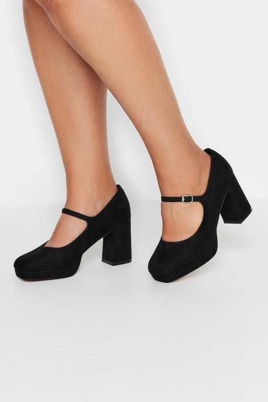Black Faux Swede Platform Mary Jane Heel In Extra Wide EEE Fit | Yours Clothing 1