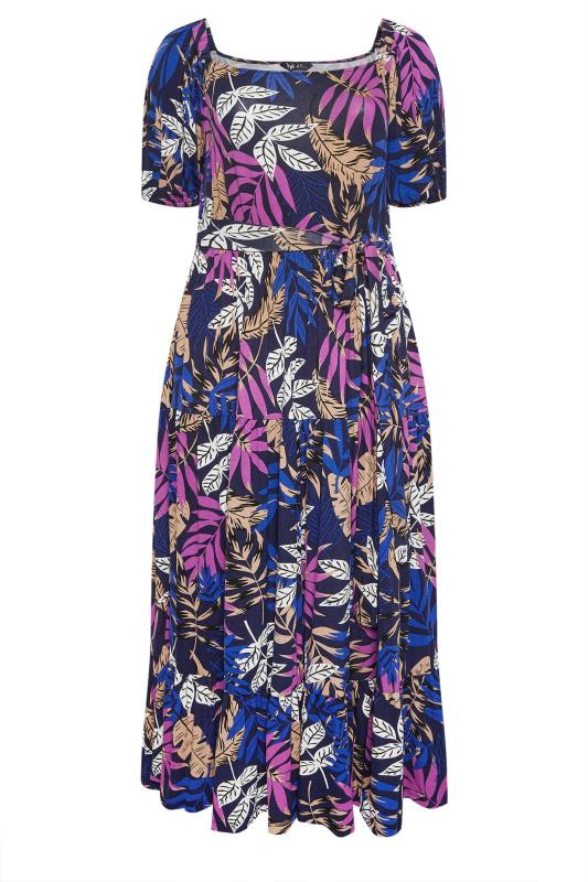 YOURS Plus Size Navy Blue Leaf Print Tiered Maxi Dress | Yours Clothing 5