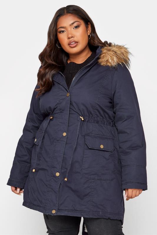 Plus Size Navy Faux Fur Lined Hooded, Fur Lined Hooded Coat Womens