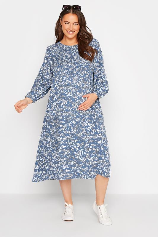 BUMP IT UP MATERNITY Plus Size Blue Ditsy Print Shirred Smock Dress | Yours Clothing 2