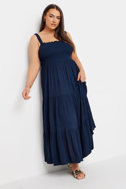 YOURS Plus Size Navy Blue Shirred Tiered Maxi Dress | Yours Clothing 1