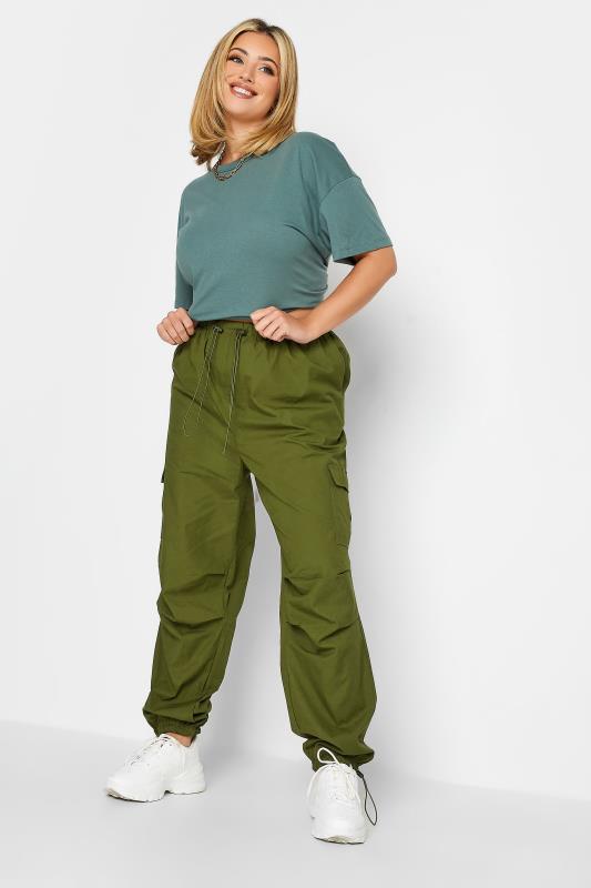 YOURS Curve Plus Size Dark Green Cuffed Cargo Parachute Trousers | Yours Clothing  3
