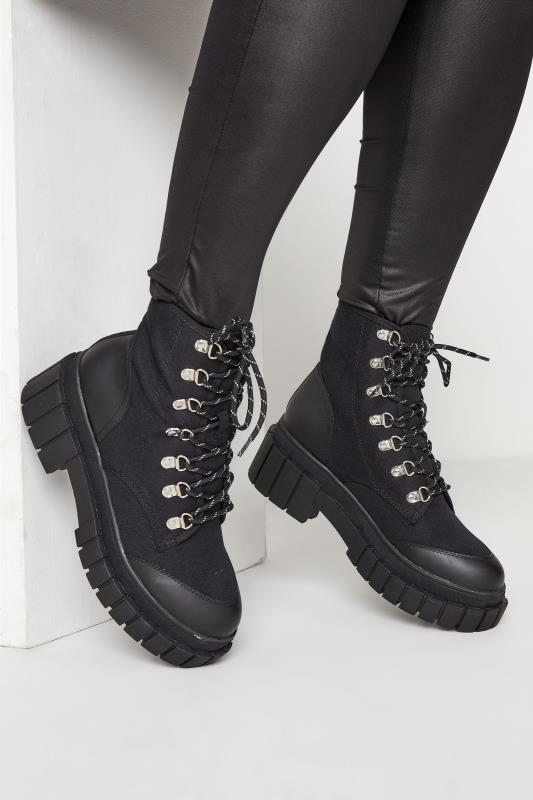 LIMITED COLLECTION Black Canvas Chunky Combat Boots In Wide E Fit 1