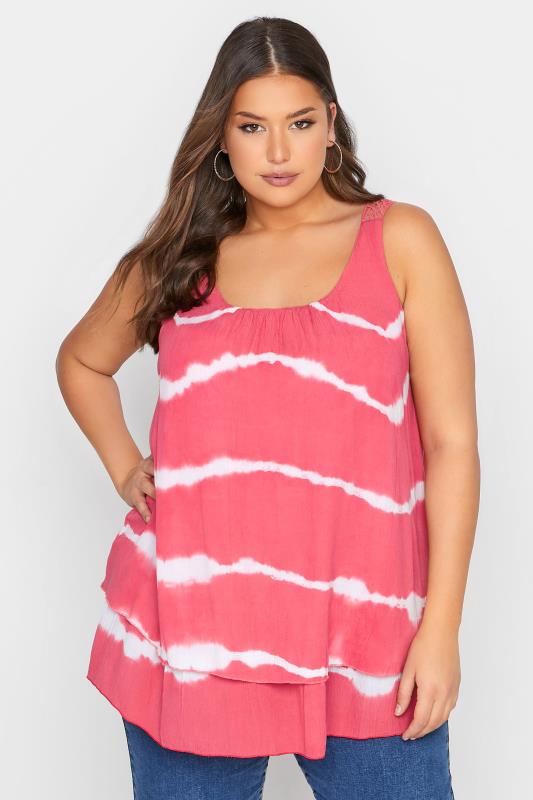 Plus Size Pink Tie Dye Crochet Back Vest Top | Yours Clothing  1