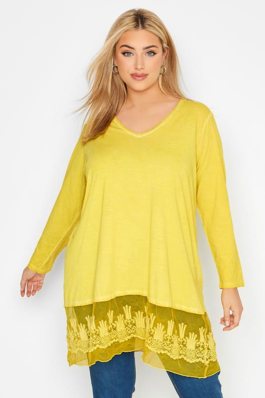 Plus Size  Curve Yellow Lace Trim Tunic Top