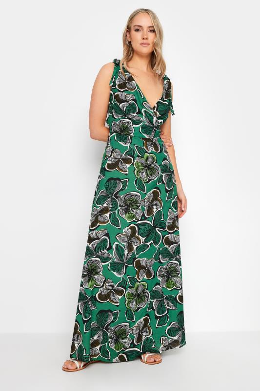 Tall  LTS Tall Green Tropical Print Shoulder Tie Maxi Dress