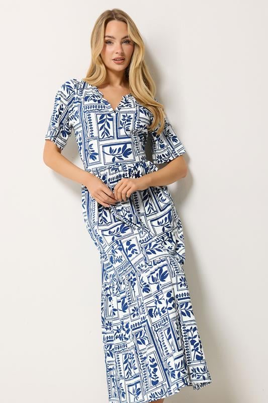 M&Co Blue Leaf Print Tiered Cotton Maxi Dress | M&Co 1