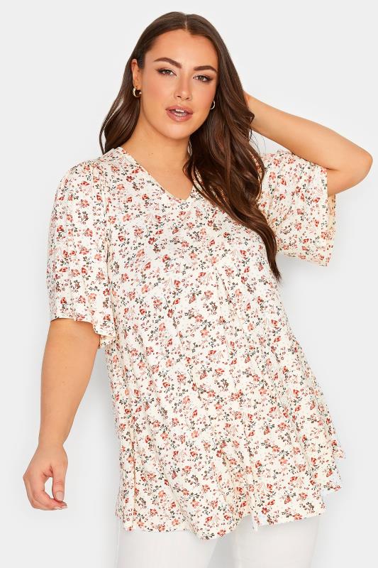 YOURS Plus Size White Floral Pleat Front Swing Top | Yours Clothing 1