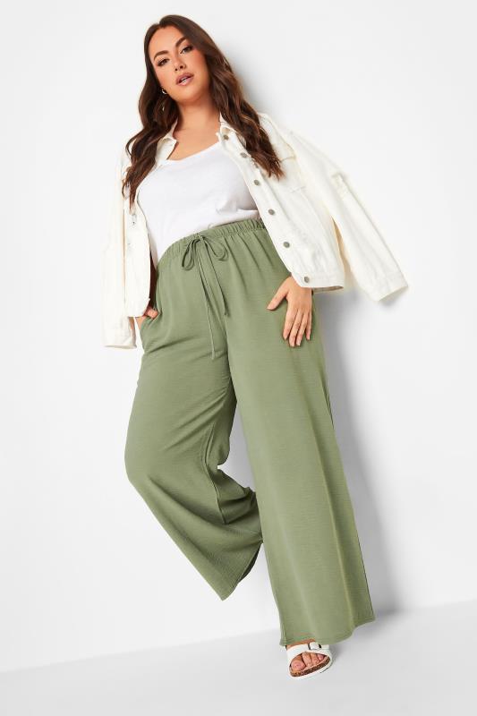 YOURS Plus Size Khaki Green Twill Wide Leg Trousers | Yours Clothing 2