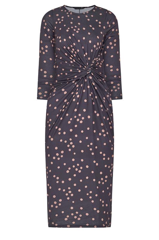 PixieGirl Petite Women's Navy Blue Polka Dot Twist Front Midi Dress | PixieGirl 6