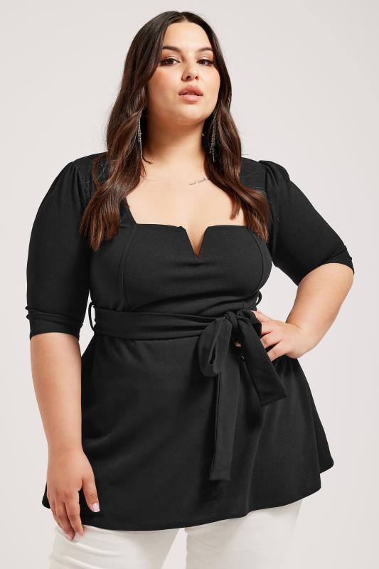 YOURS LONDON Plus Size Black Notch Neck Peplum Top | Yours Clothing 2