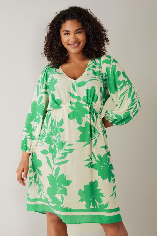 EVANS Plus Size Green & White Floral Print Midi Dress | Evans 1