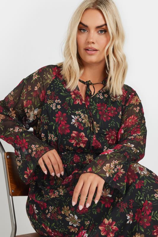 YOURS Plus Size Black & Red Floral Print Chiffon Tie Neck Dress | Yours Clothing 2