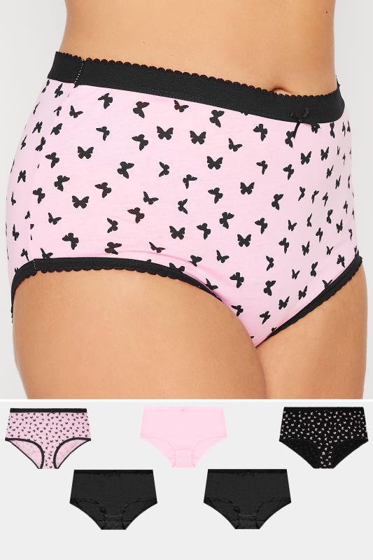 5 PACK Curve Plus Size Pink & Black Butterfly Full Briefs | Yours Clothing 1