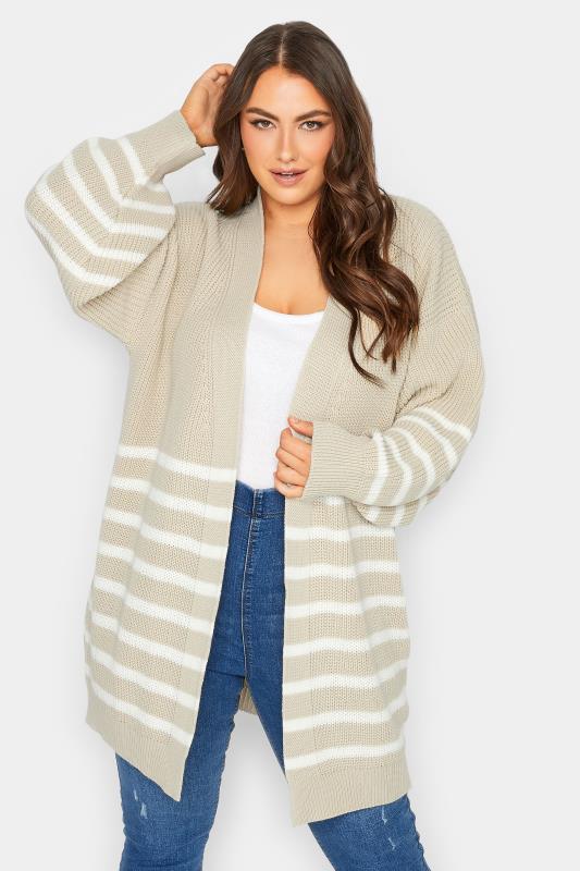 YOURS Curve Plus Size Beige Brown Stripe Balloon Sleeve Knitted Cardigan | Yours Clothing 2