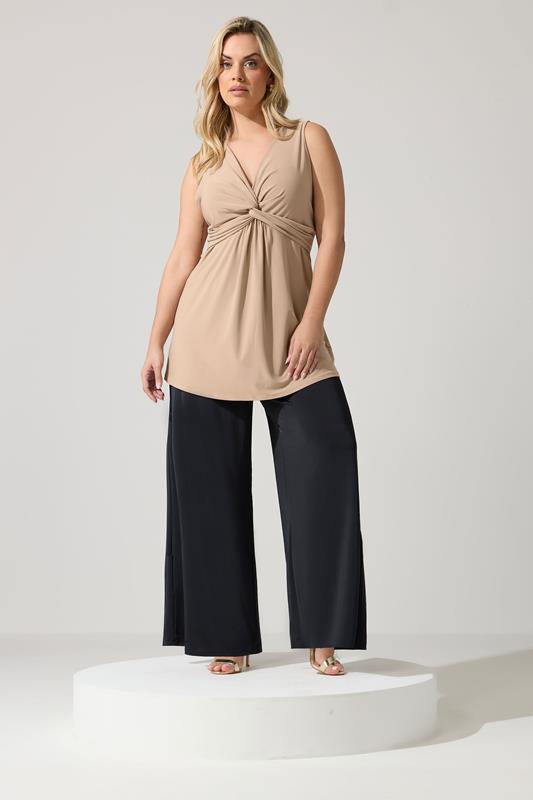YOURS LONDON Plus Size Camel Brown Sleeveless Knot Front Top | Yours Clothing 1