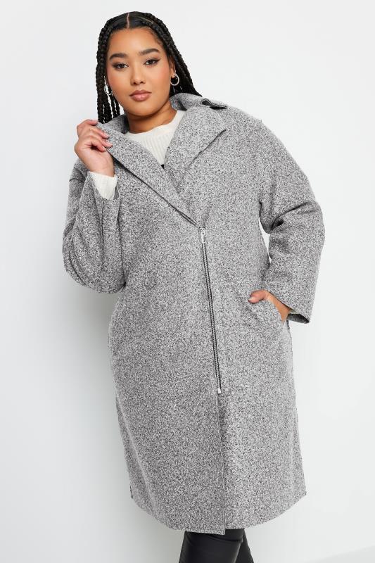 YOURS Curve Grey Boucle Biker Coat | Yours Clothing 1